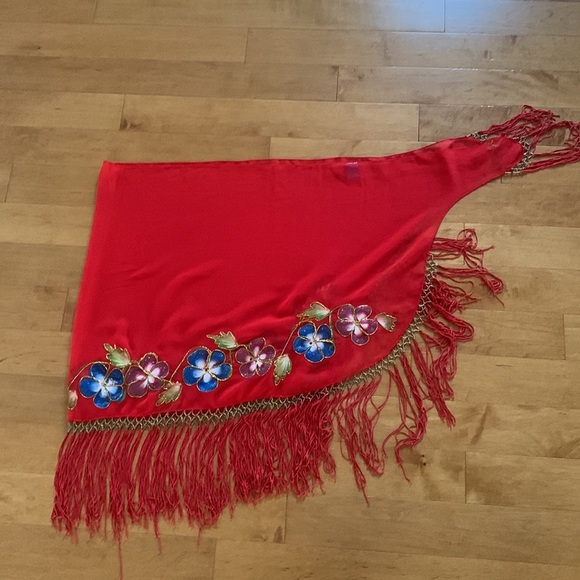 Women’s Red Floral Fringe Wrap Skirt  Swimsuit Cover-Up - Picture 11 of 13